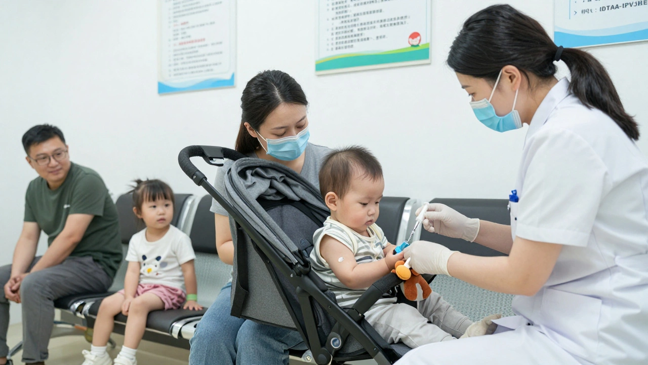 Zdravotní sestra podává vakcínu dítěti v ordinaci, matka drží kojence.