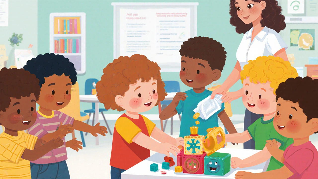 Děti ve školce sdílejí hračky, zatímco učitelka dezinfikuje stůl.