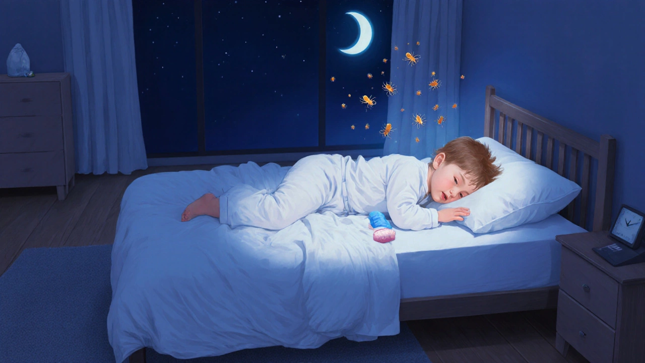 Dítě spící v bavlněném pyžamečku na čisté posteli s ochlazující kompresí na paži.