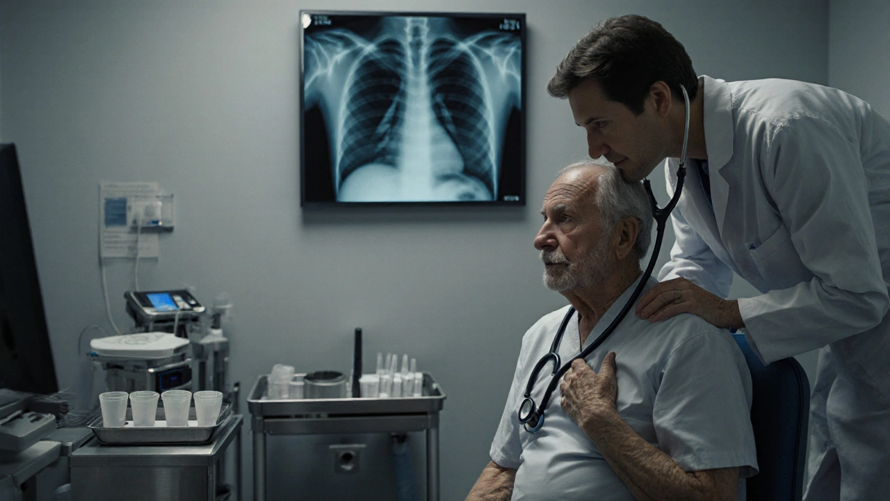 Doktor s stetoskopem poslouchá staršího pacienta, na zdi viditelný rentgen plic.