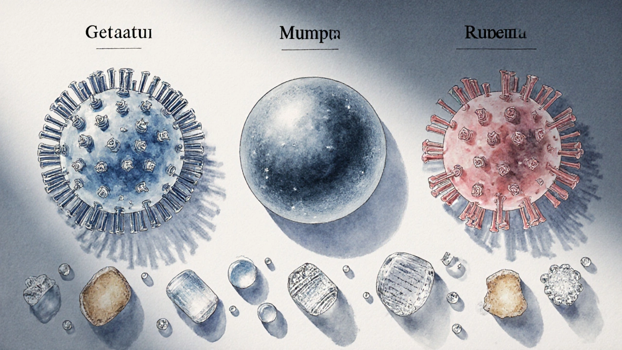Ilustrace tří virů MMR a jejich stabilizátorů – želatina, sacharóza, sorbitol a soli.