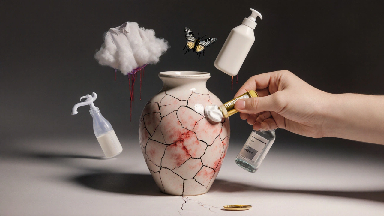 Konceptuální obrázek dětské kůže jako rozbitého vazelínu, který se opravuje krémem.