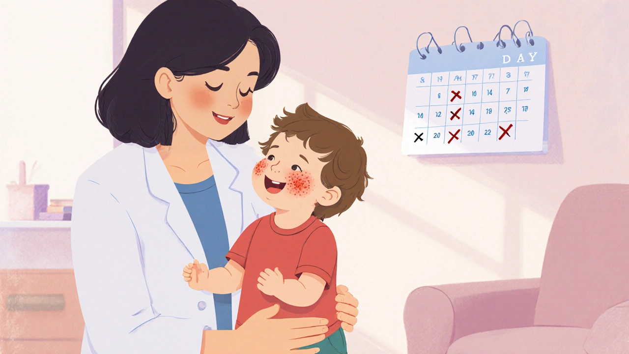Matka drží dítě s vyrážkou, na pozadí kalendář s označenými dny nemoci.