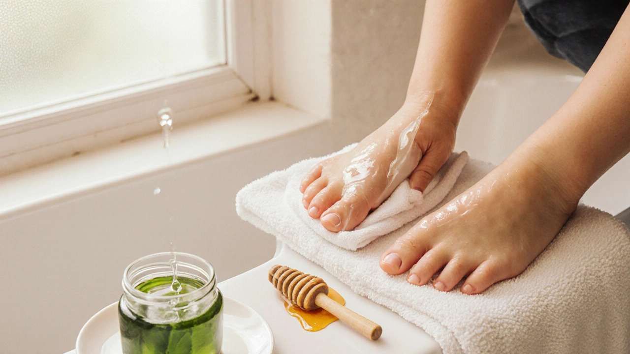 Ruce aplikují chladivý obklad a aloe gel na postiženou nohu, vedle medu.