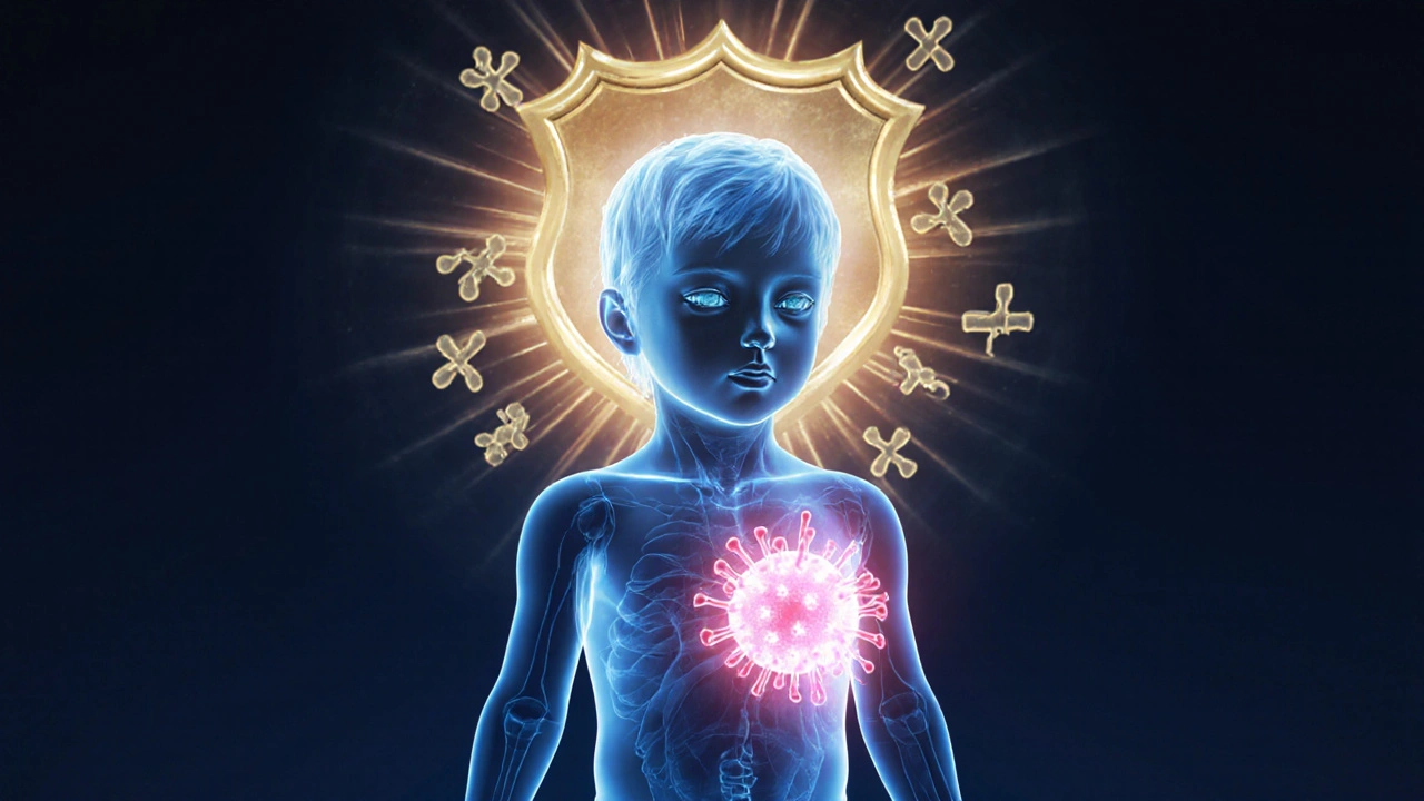 Symbolický obrázek dítěte, kde vyrážka přechází v záři imunity.