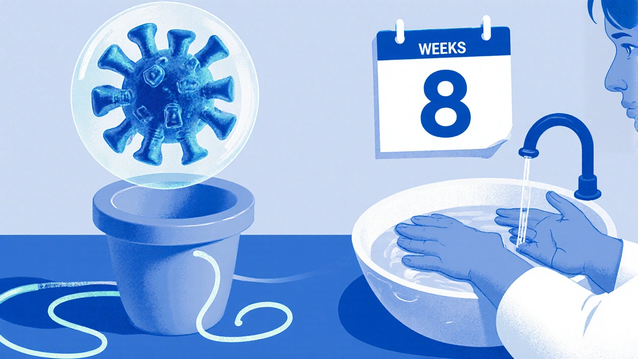 Vírus vylučovaný ve stolici, symbolizovaný světlem, které sahá k umyvadlu a kalendáři.