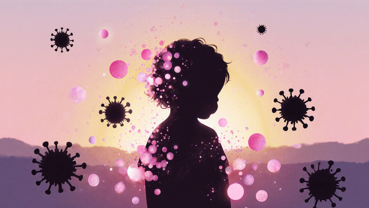 Abstraktní znázornění imunitního systému dítěte, který překonává virus, zanechávající jen růžové skvrnky světla.