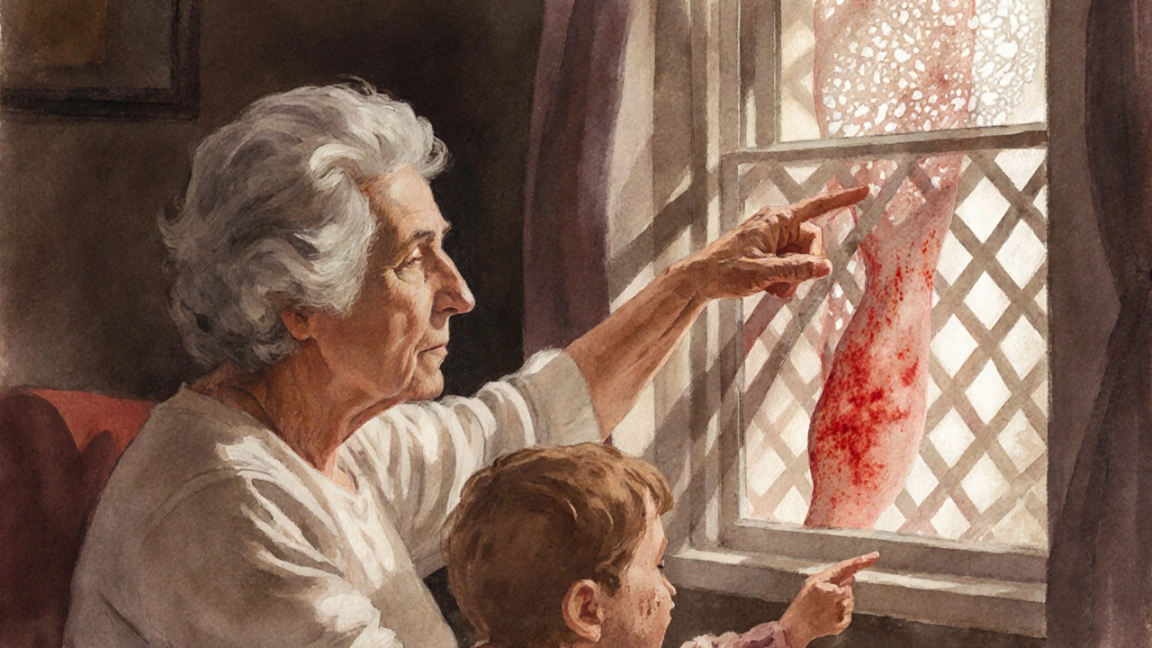 Babička ukazuje dítěti sluneční stín na noze, symbolizující síťovitou vyrážku.