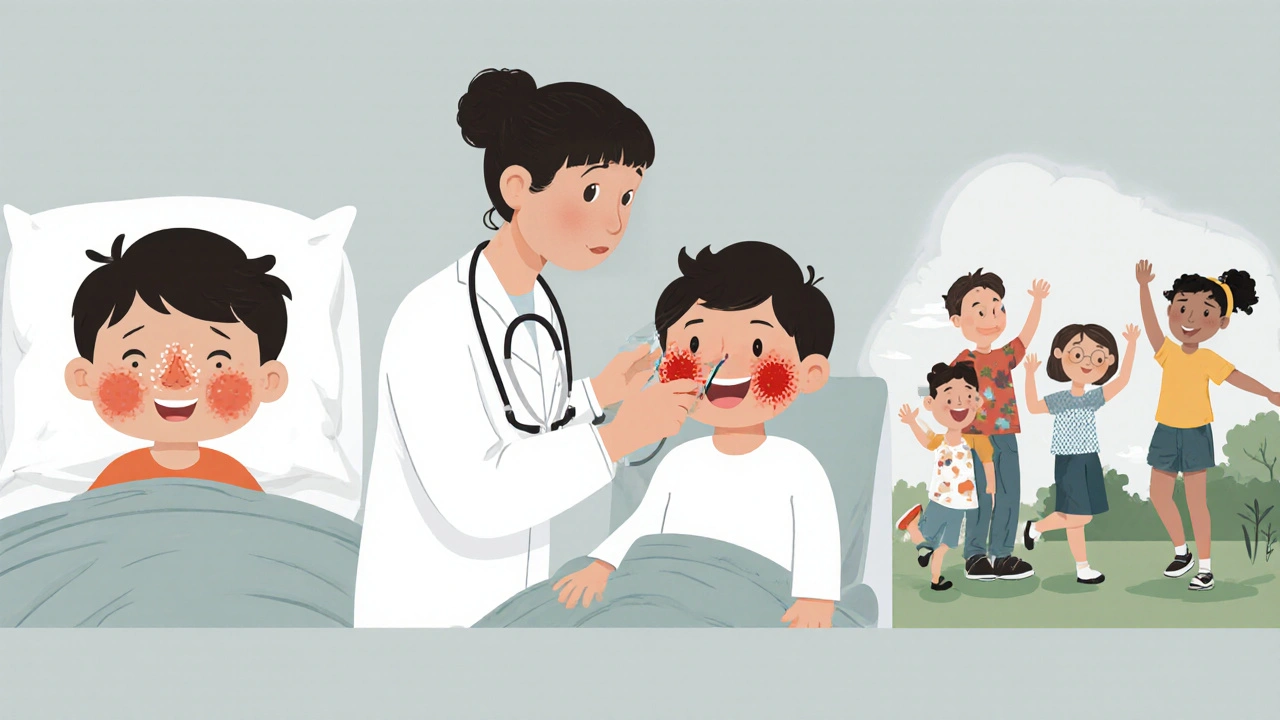 Časová osa: dítě s nachlazením, lékař ho vyšetřuje, pak hraje venku s vyrážkou.