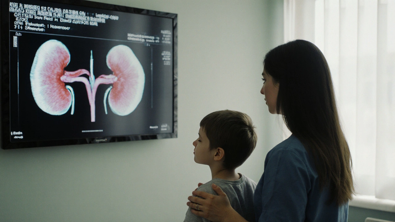 Dítě a rodič sledují ultrazvuk ledvin s lékařem v klinice, jedna ledvina je nepravidelná.