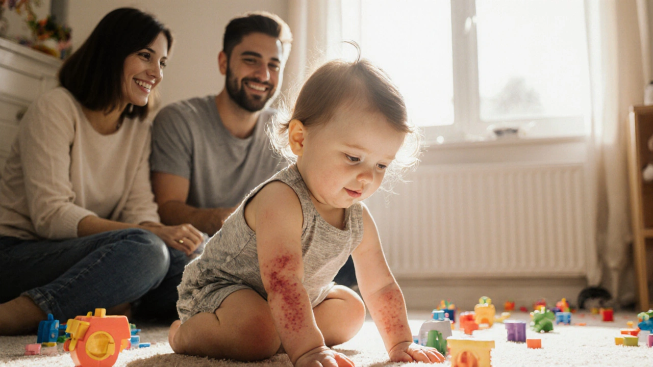 Dítě hraje na podlaze s jemnou růžovou vyrážkou na kůži, rodiče se usmívají.