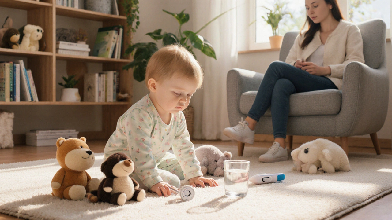 Dítě hraje se hračkami v lehkém oblečení, rodič ho pozoruje.