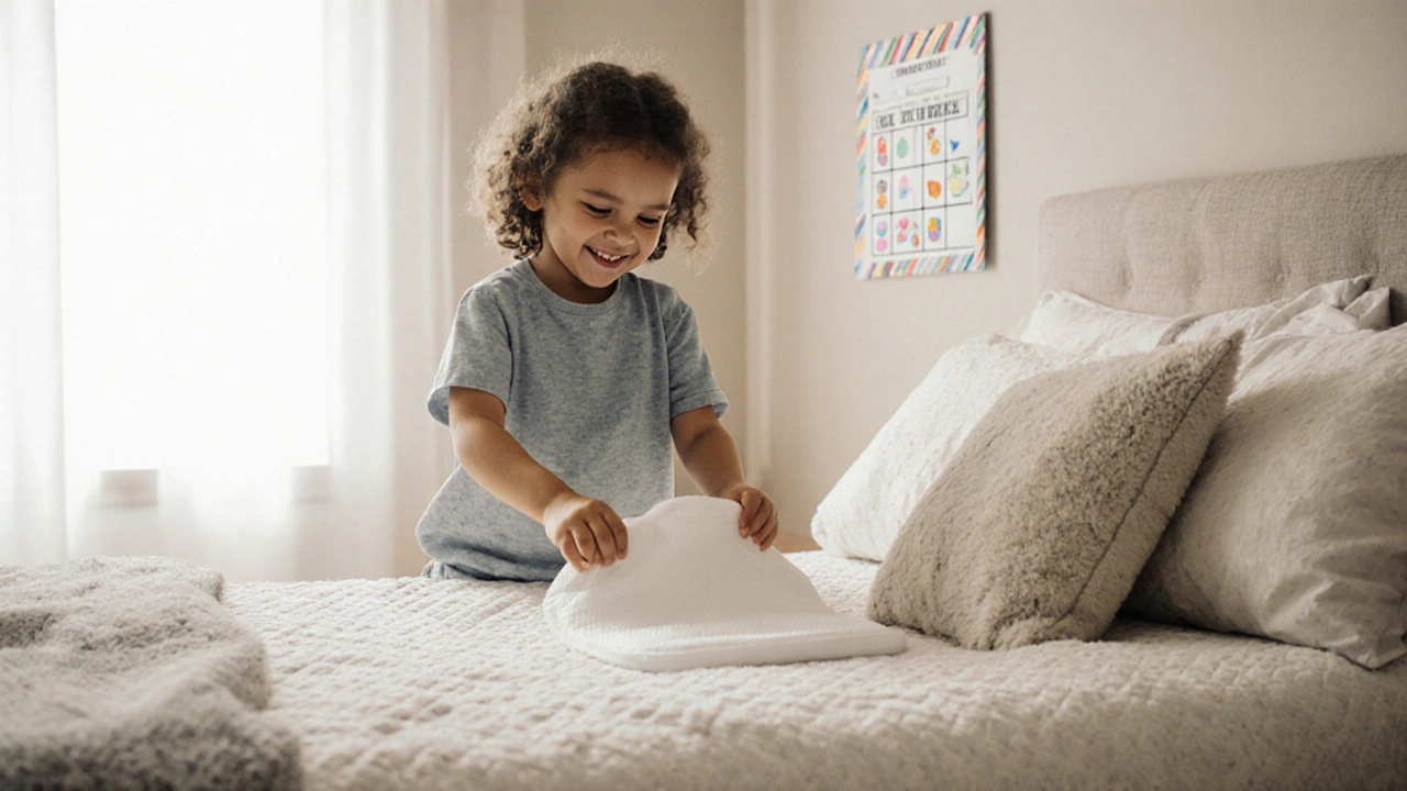 Dítě pomáhá měnit vodotěsnou podložku, na zdi je tabulka s nálepkami za suché noci.