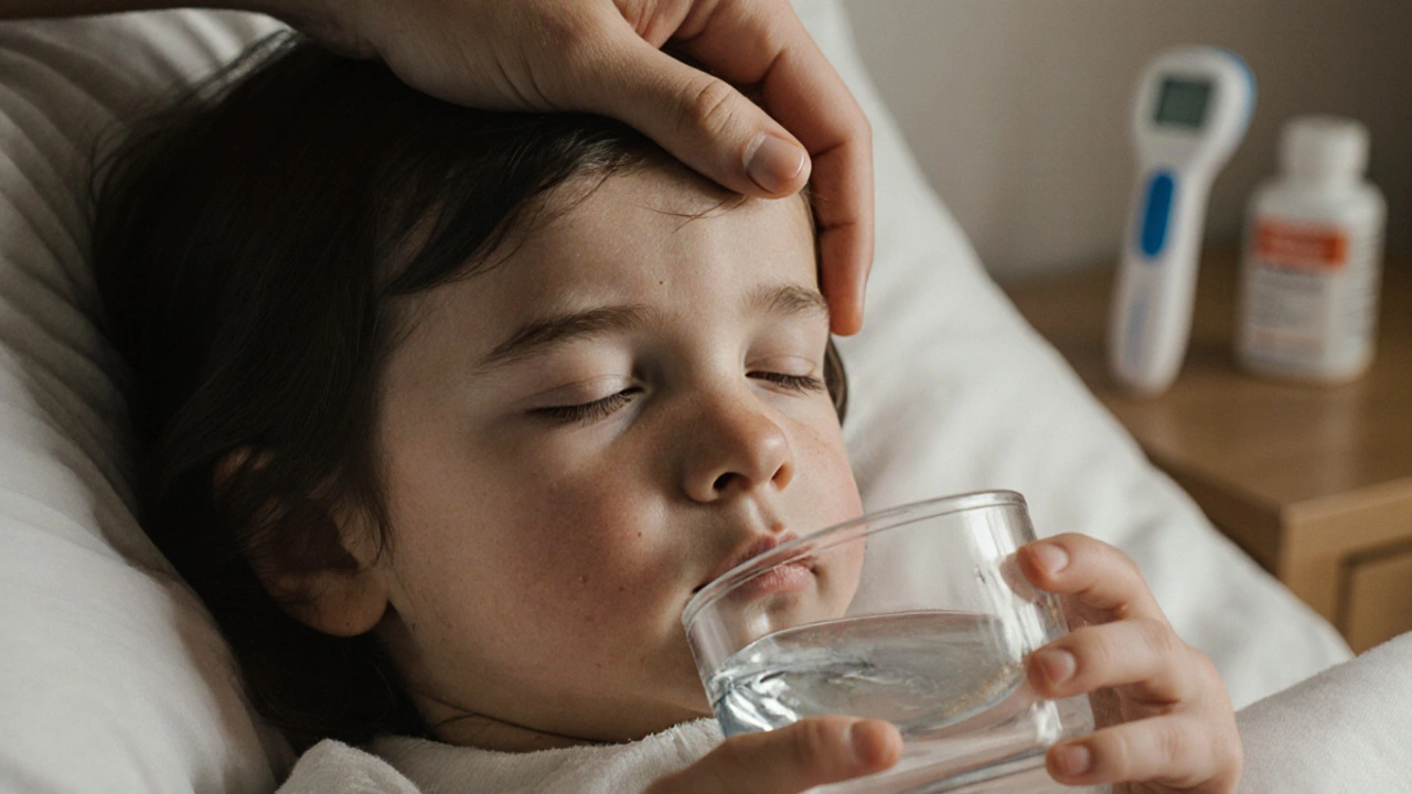 Dítě s horečkou pije vodu, rodič mu hladí čelo.