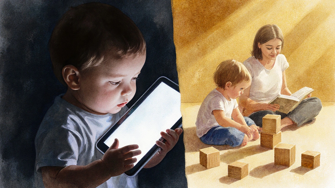 Dítě s tabletou v stínu, druhé dítě hraje s rodičem ve světle.