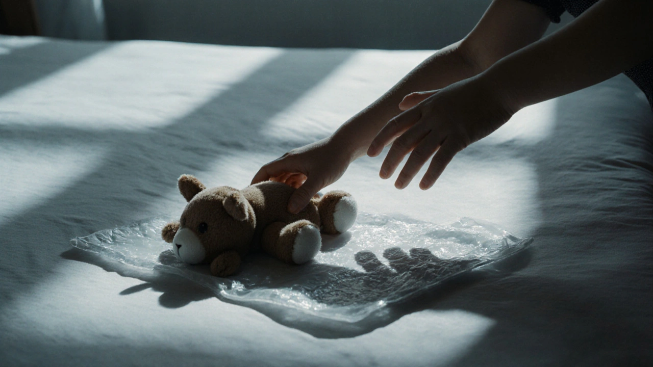 Dítě se dotýká hračky na posteli s vodotěsnou podložkou, v pozadí tichá podpora rodiče.