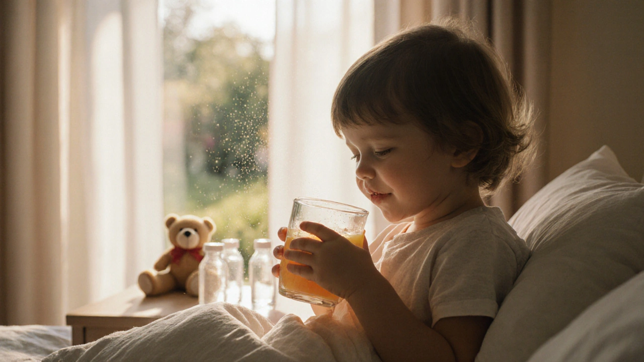 Dítě se usmívá, pije šťávu, slunce svítí do pokoje – známka zotavení po horečce.