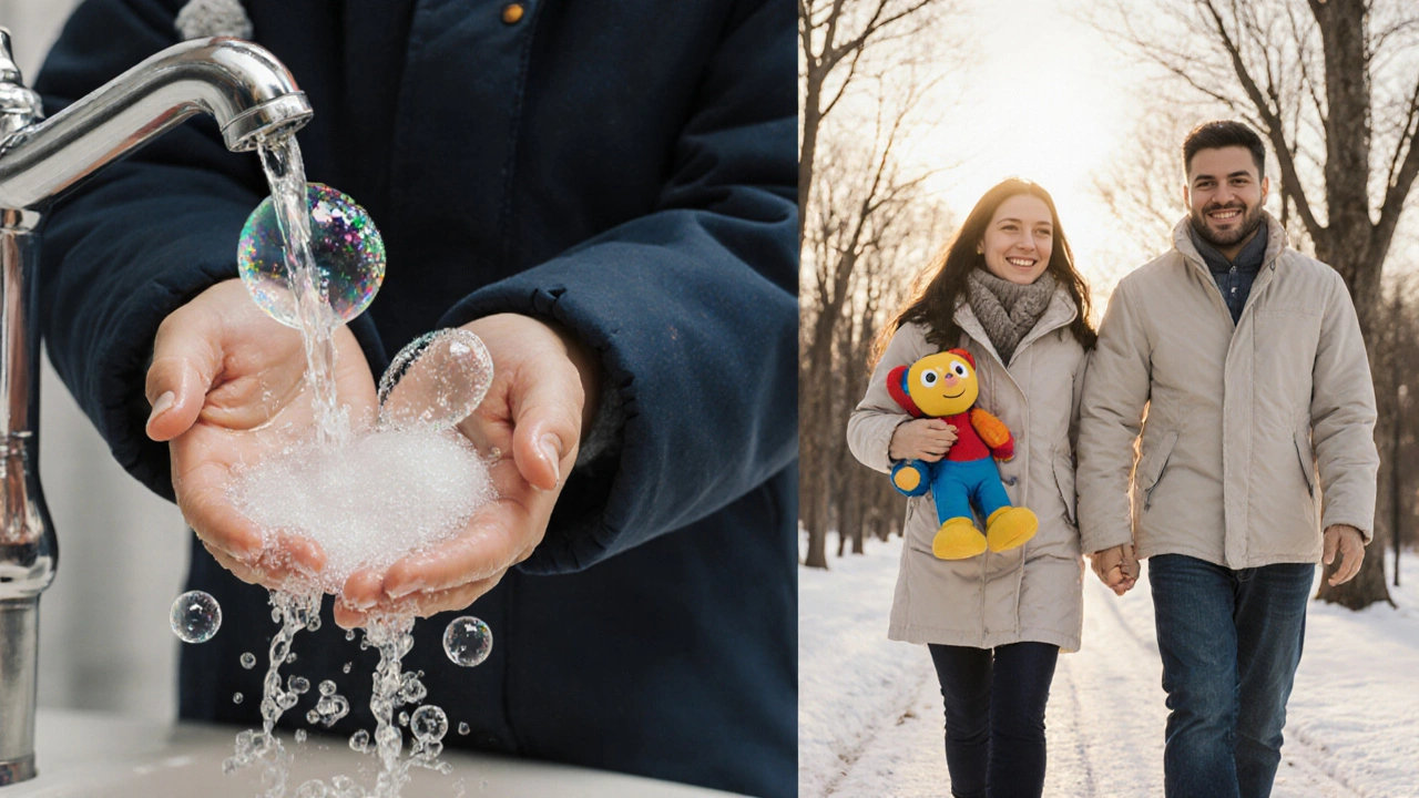 Dítě si myje ruce, zatímco viry mizí, rodina se vrací z nákupu v zimním dni.