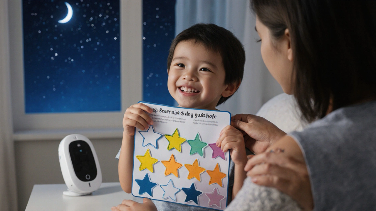 Dítě slaví suché noci na kalendáři s červenými hvězdičkami.