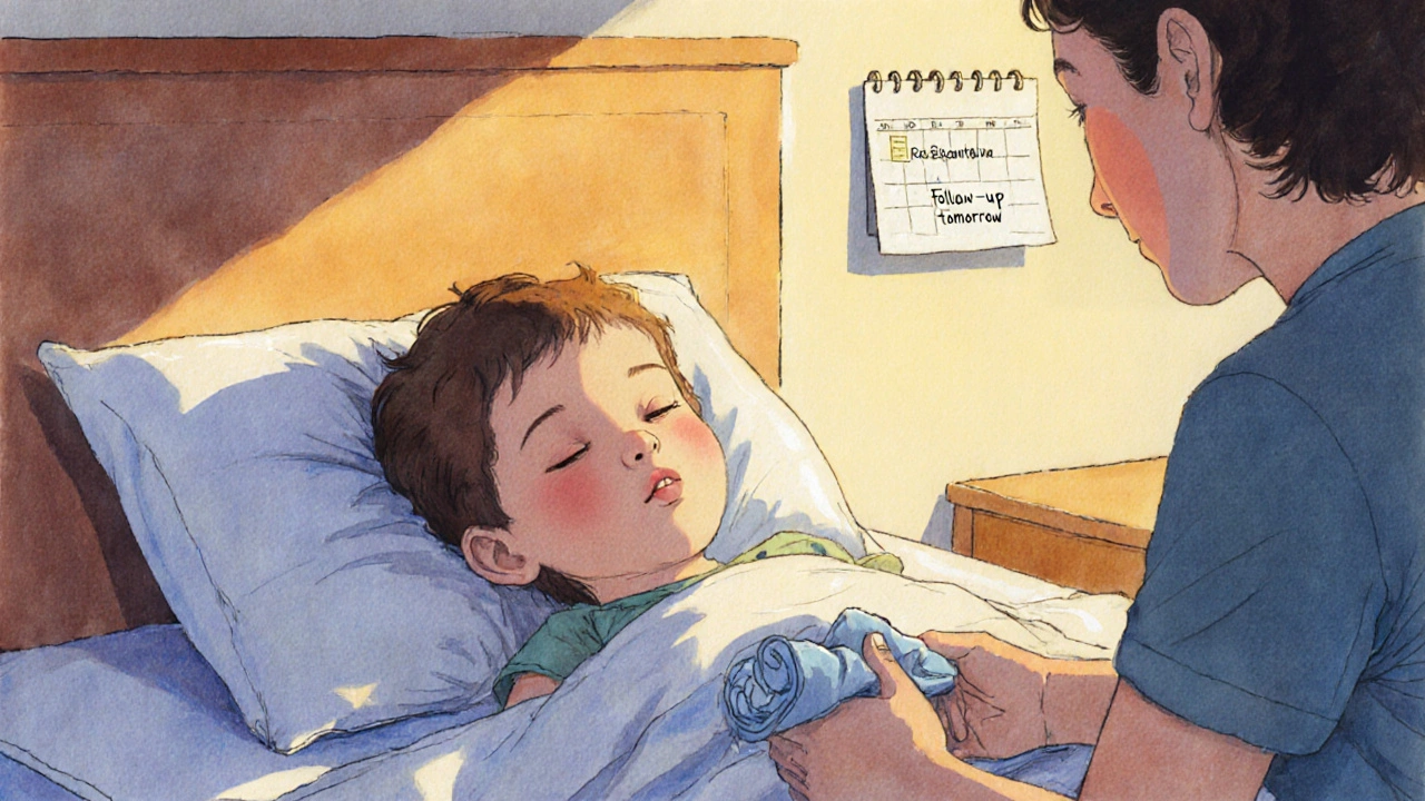 Dítě spí klidně po křeči, rodič sedí vedle s chladným hadříkem.