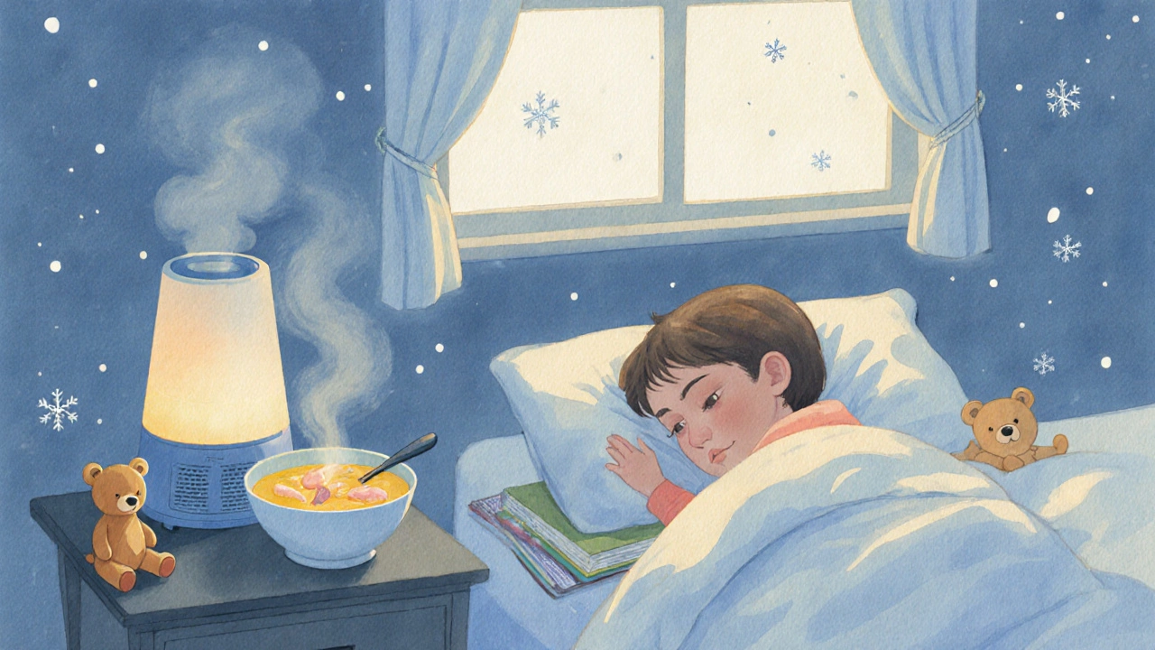 Dítě spí s povýšenou hlavou, vedle něj je vývar a hračka v klidné místnosti.