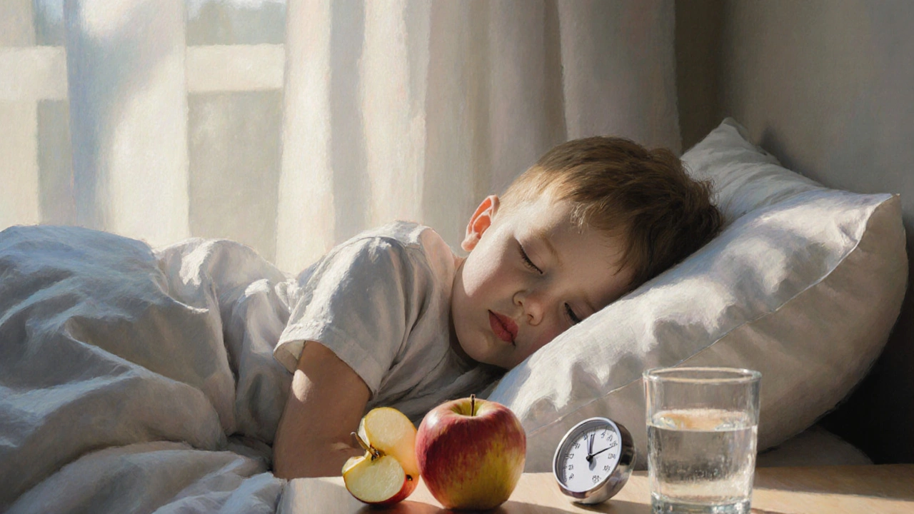 Dítě spí v posteli při ranním světle, vedle něj je sklenice vody a teploměr.