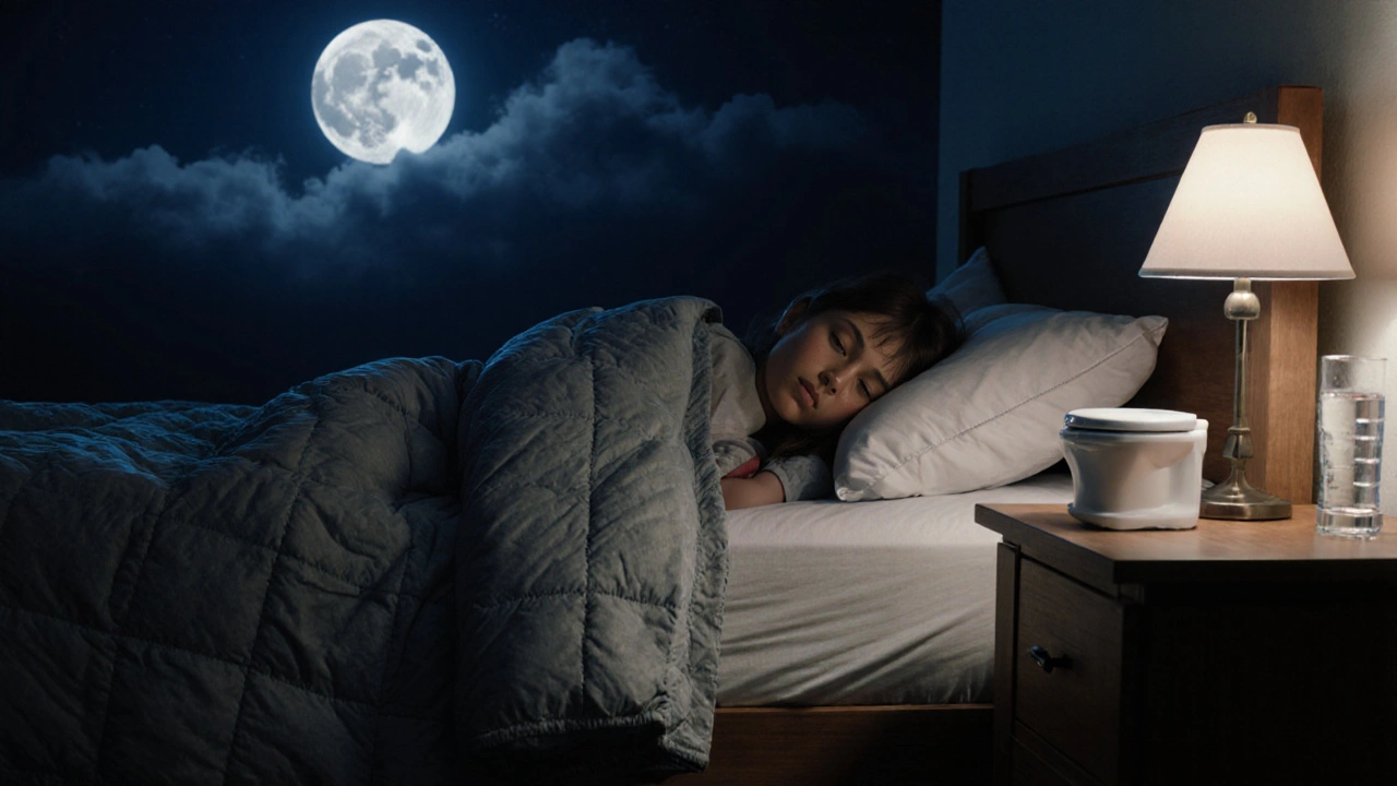Dítě spí v posteli s vodotěsným podložkem a nádobkou vedle postele v noci.