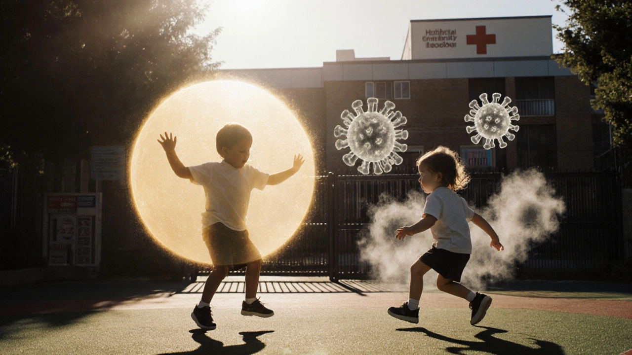 Dvě děti na hřišti – jedna chráněná zlatým štítem, druhá ohrožená viry.