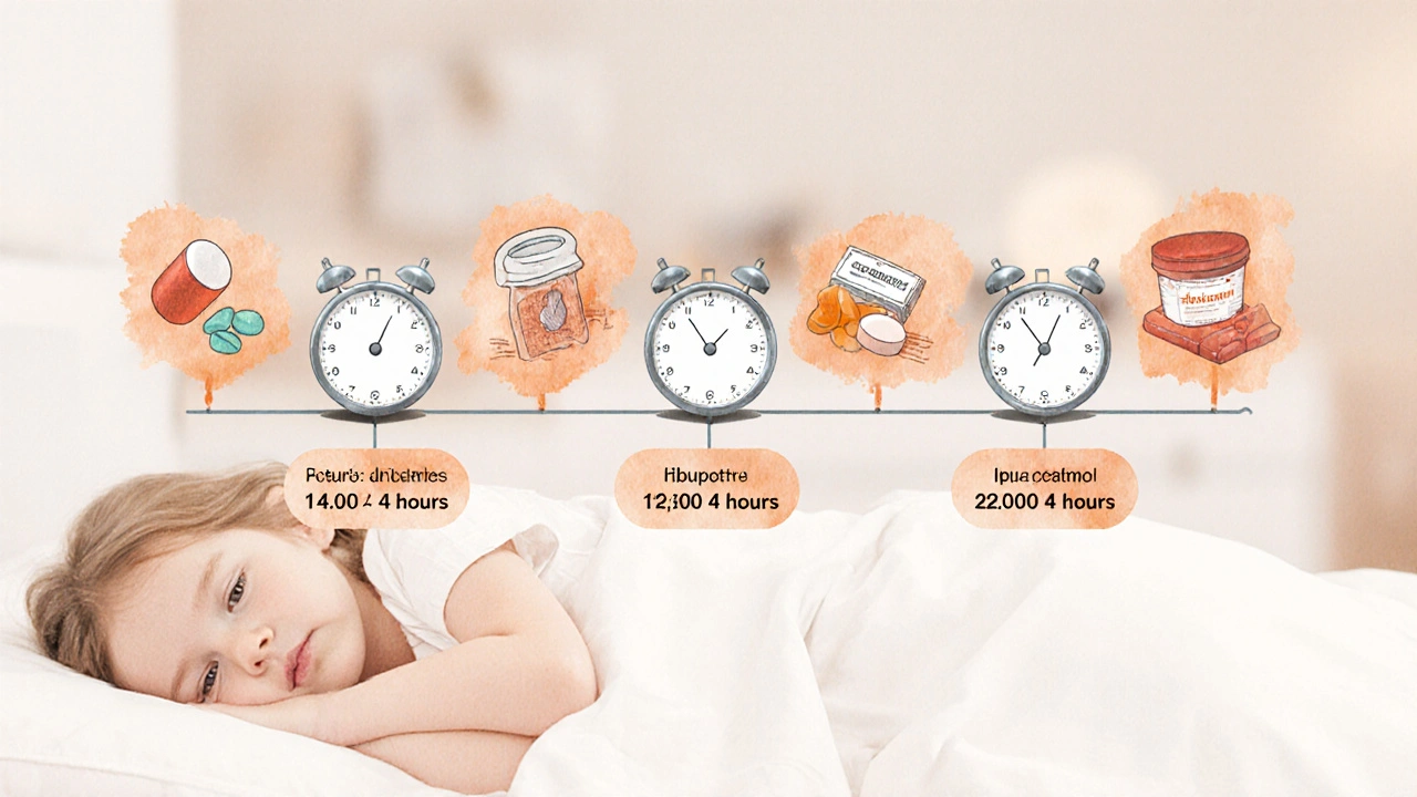 Grafický přehled střídání paracetamolu a ibuprofenu každé 4 hodiny.