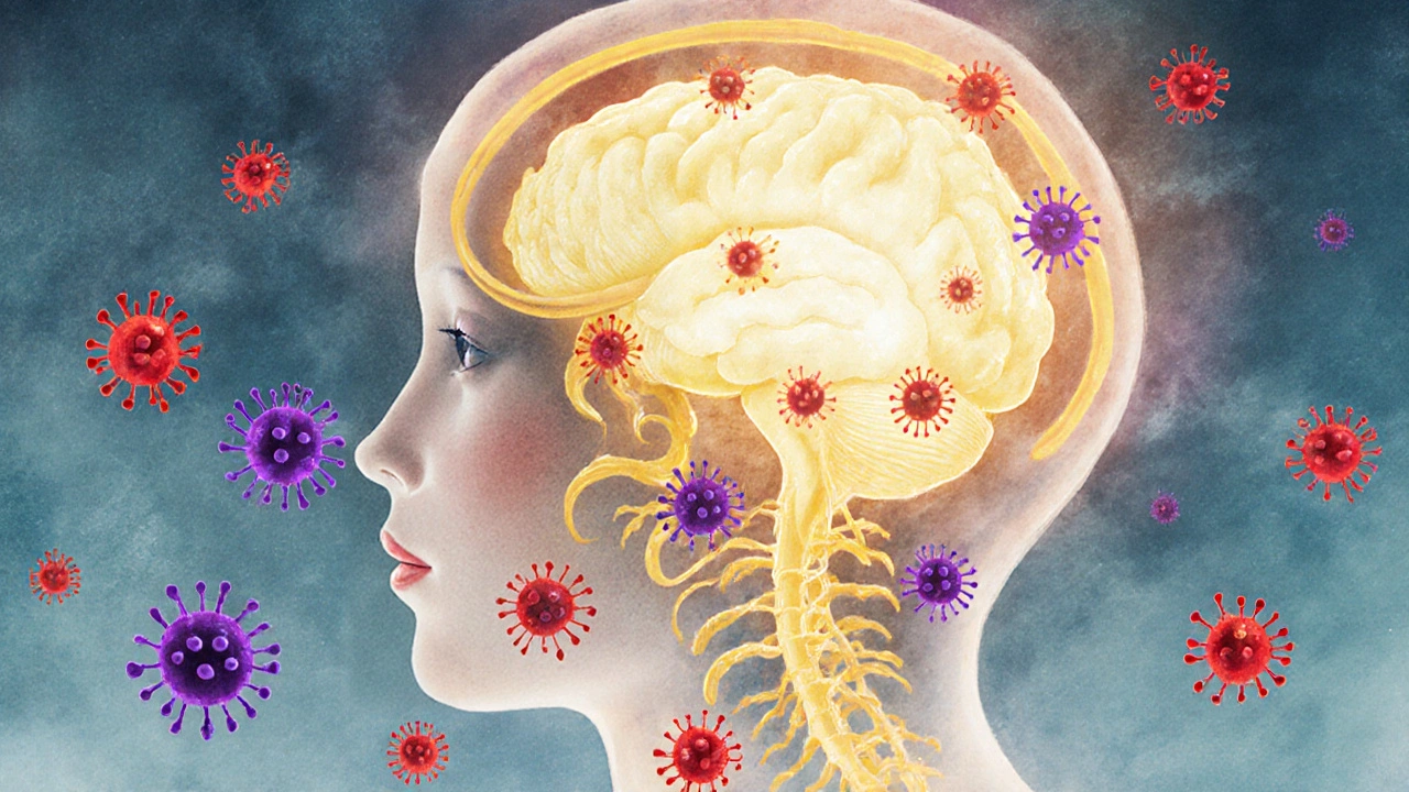 Ilustrace těla dítěte jako bitvy mezi imunitními buňkami a viry, s regulací teploty v mozku.