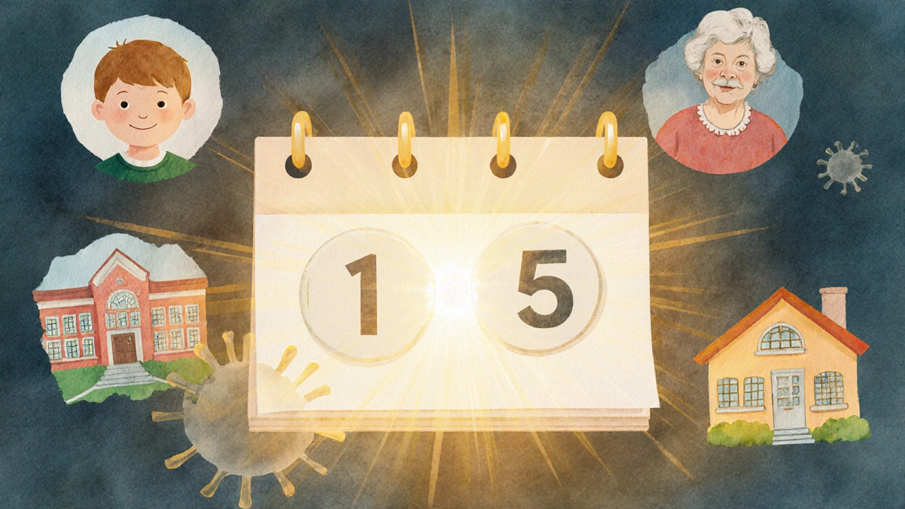 Kalendář s označenými 14 dny po očkování a ikonami školy a babičky.