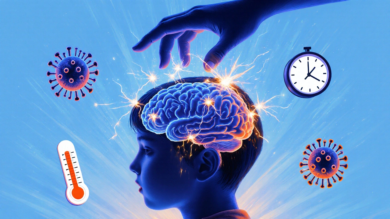 Koncepční obrázek mozku dítěte s elektrickými výboji při rychlé horečce.