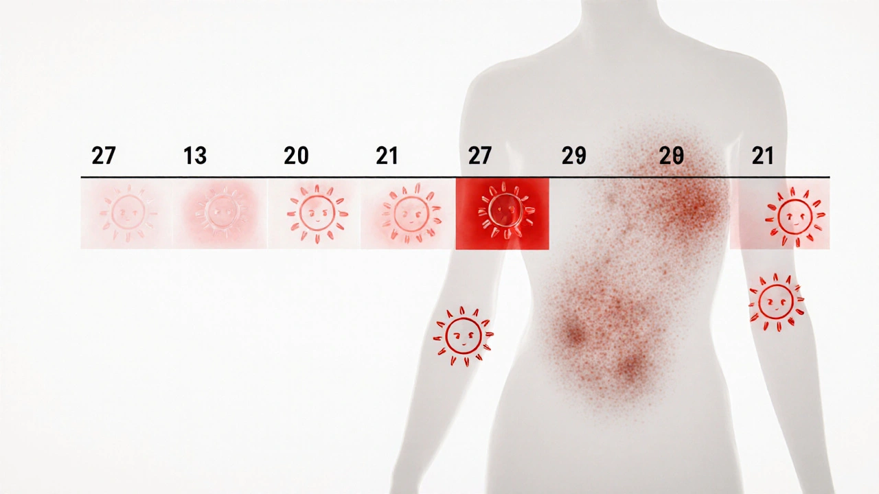 Kontrolní kalendář s červenými dny a slunečními značkami na těle, znázorňující průběh vyrážky.