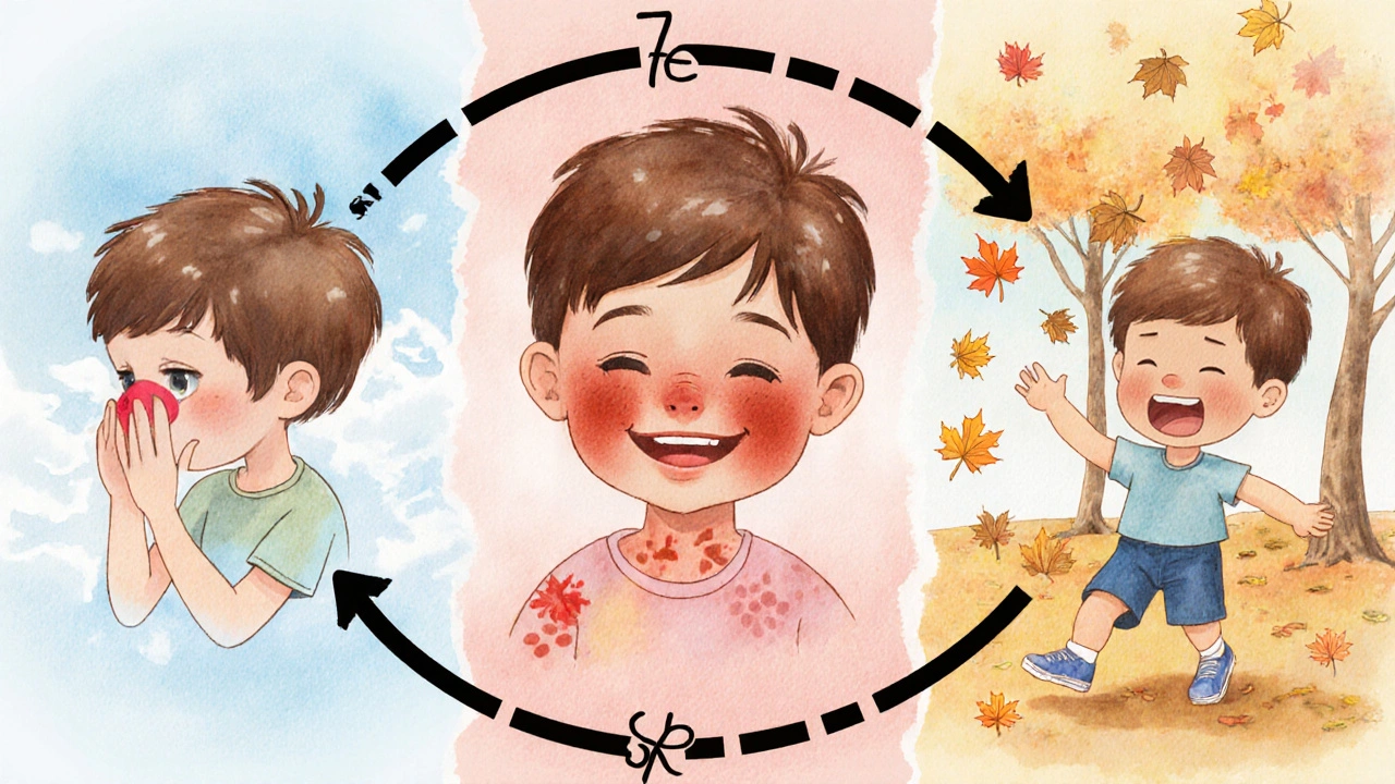 Kruhový náčrt tří fází šesté nemoci u dítěte: horečka, vyrážka, uzdravení.