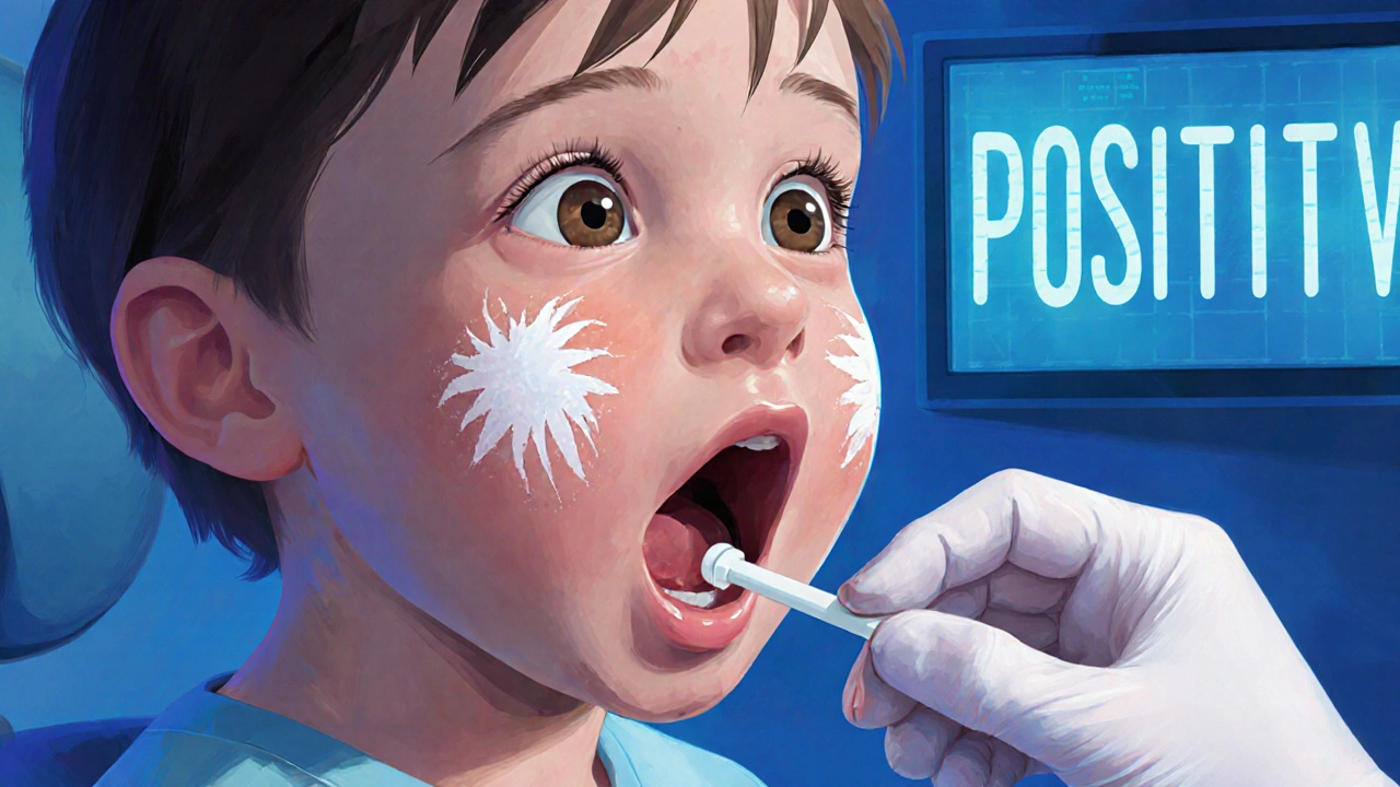 Lékař bere vzorek z krku dítěte s bílými skvrnami na mandlích.