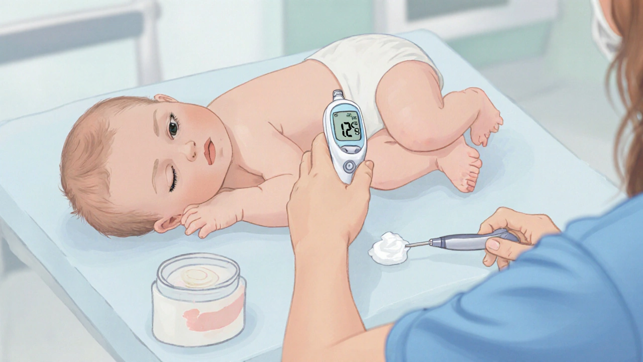 Lékař měří teplotu dítěte v přímce s měkkým koncem teploměru.