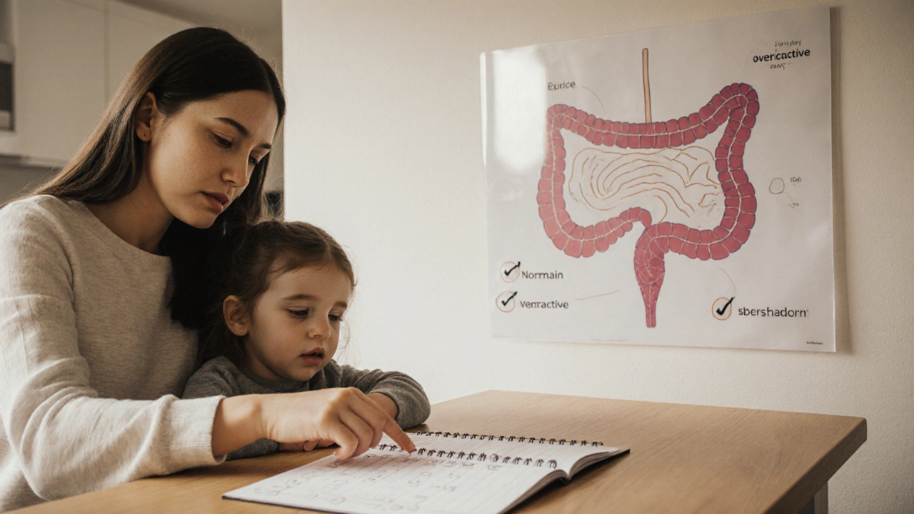 Matka a dítě společně sledují denní deník močení s grafem močového měchýře na pozadí.