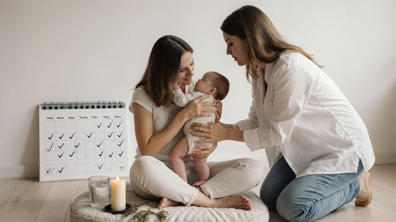 Matka a poradkyně pro kojení upravují polohu dítěte při krmení v klidném prostředí.