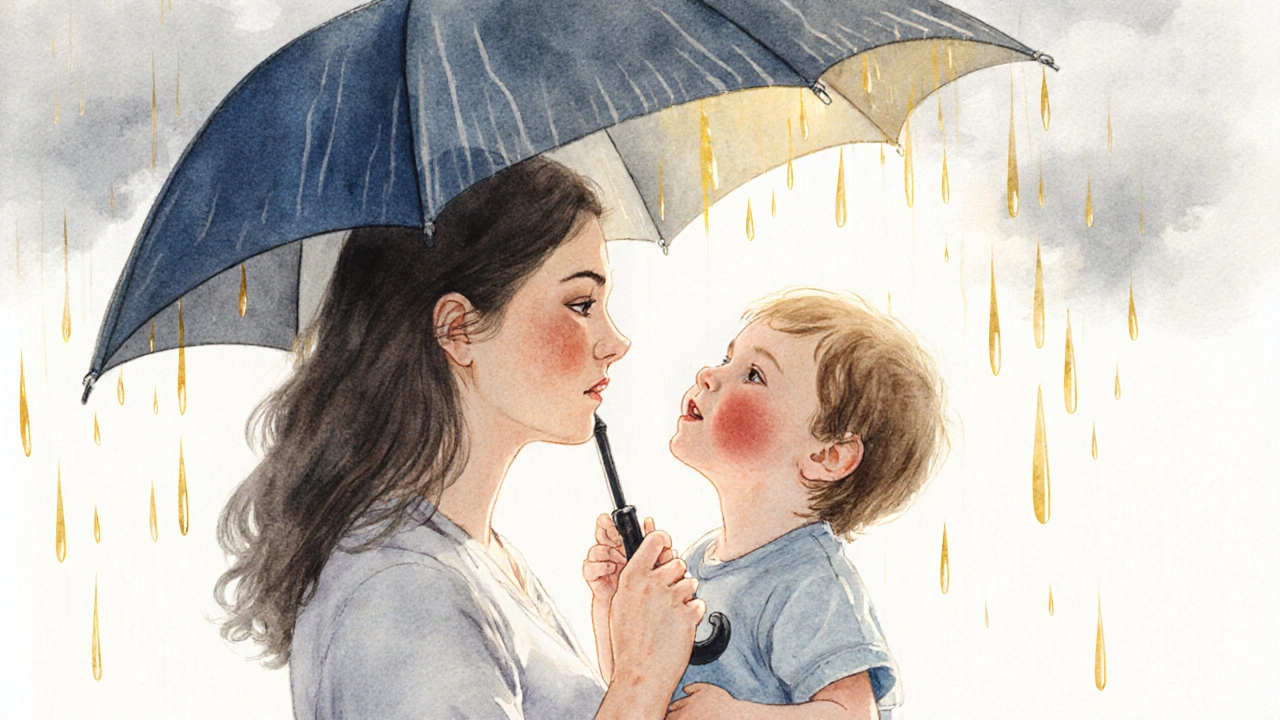 Matka s dítětem pod dešťovkou, slunce prosvítá, tváře dítěte září červeně.