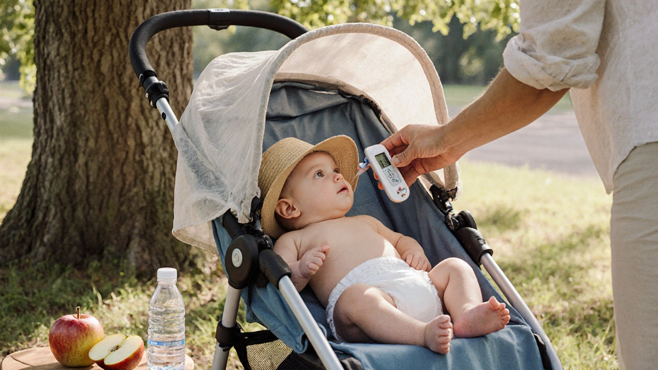 Miminko v kočárku s lehkým stínem pod stromem, rodič měří teplotu.