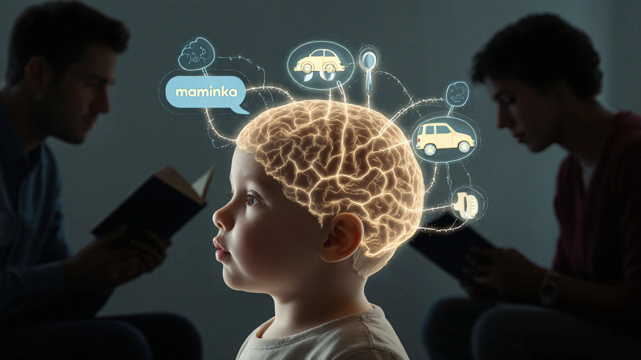 Mozek dítěte s osvětlenými neuronovými cestami spojenými se slovy.