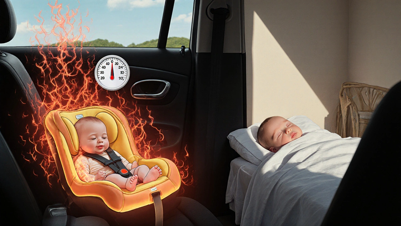 Nebezpečně horké auto vpravo, klidná chladná místnost vlevo pro miminko.