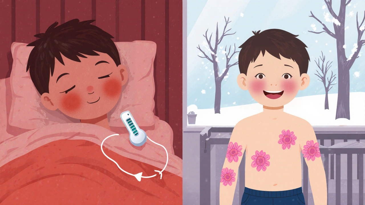 Přechod dítěte od horečky k vyrážce — vlevo nemocné, vpravo zdravé a šťastné.