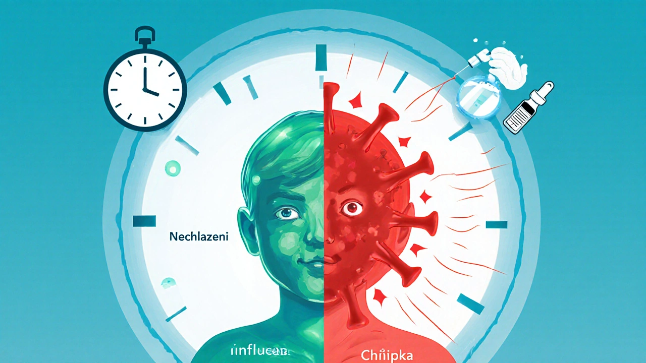 Průhledný obraz dítěte s rozděleným tělem: jedna strana nachlazení, druhá chřipka.