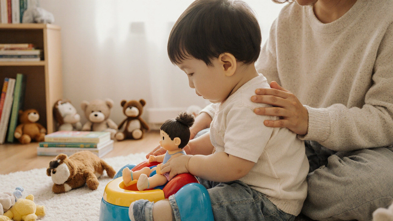 Rodič a dítě sedí na zemi, dítě drží panenku na nádobce, atmosféra je teplá a bez tlaku.
