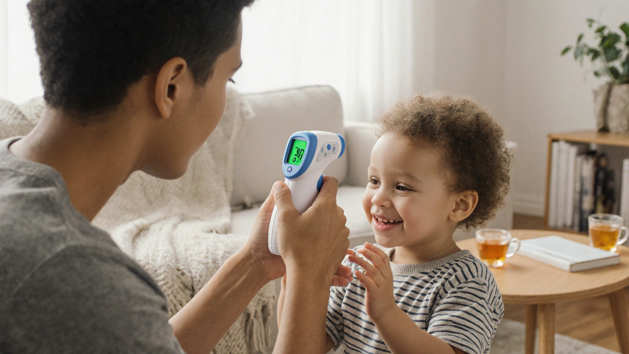 Rodič drží dítě za ruku a měří mu teplotu, oba se usmívají, klidné prostředí domova.