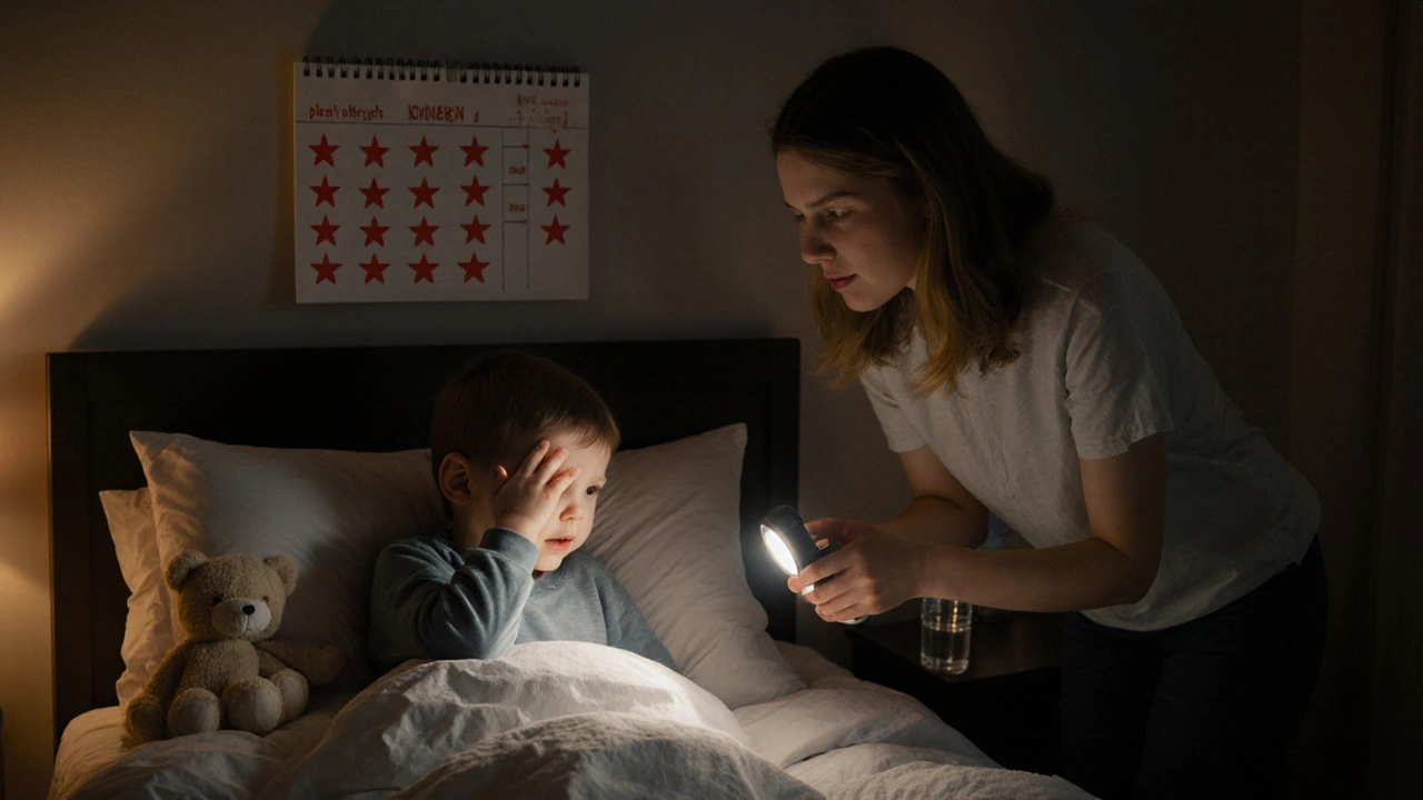 Rodič jemně probouzí dítě v noci s přátelským úsměvem.