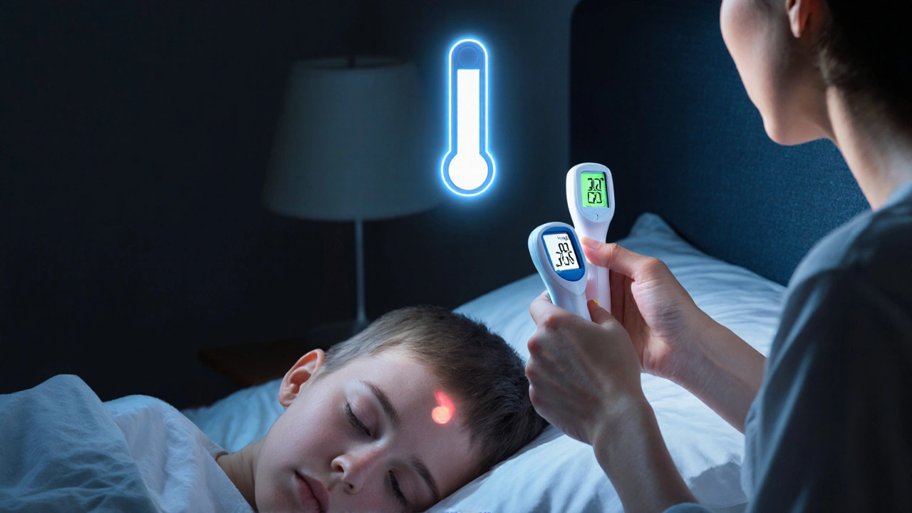 Rodič porovnává přesný a nepřesný teploměr při horečce dítěte.