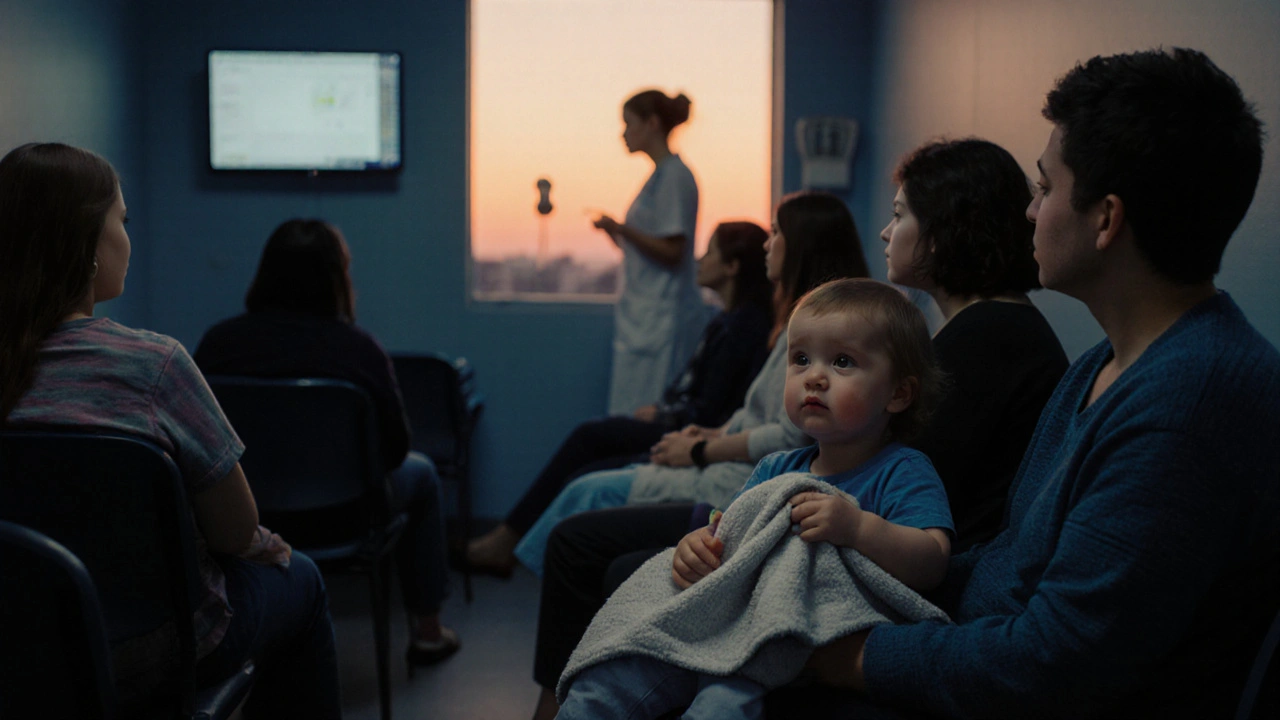 Rodiče čekají v lékárně s horečkujícími dětmi, nurse kontroluje teplotu.