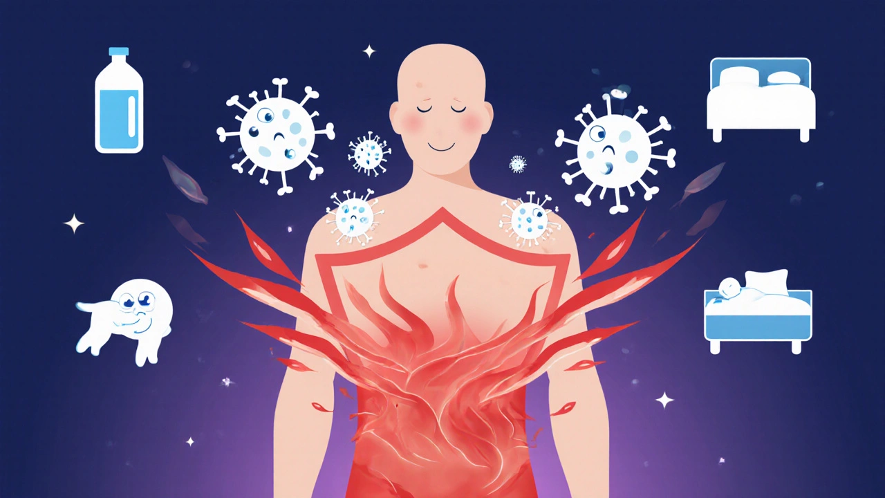 Stylizovaný náčrt těla s červenými vlnami horečky a bílými krvinkami bojujícími proti virům.